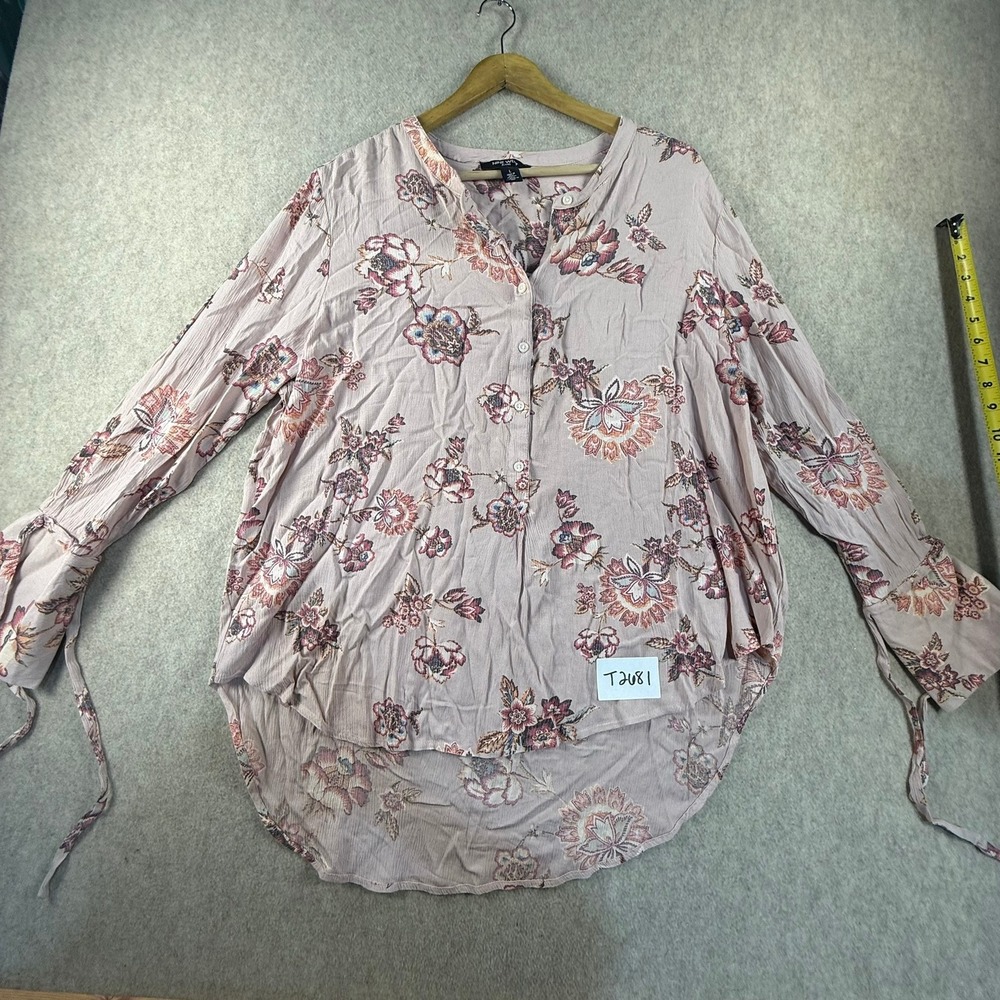 Nine West Jeans Womens Large Pink Floral Paisley Tie Cuff High Low Blouse Top